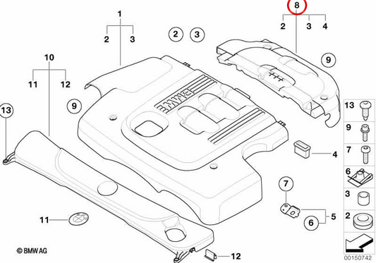 Cubierta acústica trasera OEM 11147807249 para BMW E87, E90, E91, E60, E61, E83. Original BMW.