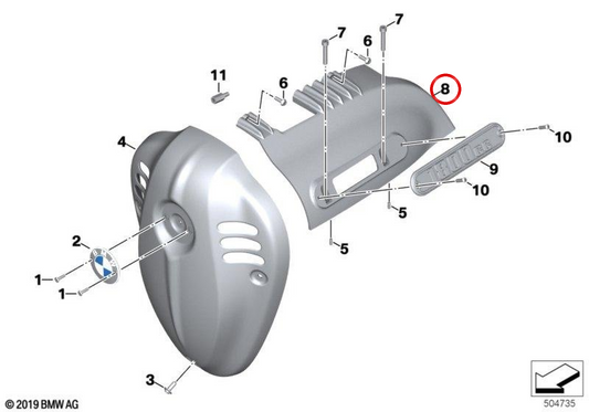 Copristrato sinistro argento OEM 11148409855 per moto BMW R 18, R 18 Classic, R 18 B, R 18 Transcontinental. Originale BMW Motorrad.