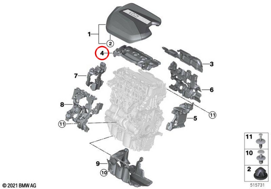 Cubierta acústica OEM 11148471873 para BMW F70, U06, U11, U10, U25. Original BMW.