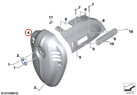 Copertura anteriore cromata OEM 11149444854 per moto BMW R 18, R 18 Classic, R 18 B, R 18 Transcontinental e R 18 Classic 25. Originale BMW Motorrad.