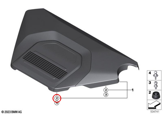 Tope de goma motor OEM 11149456076 para BMW G26, EX1, U12 y MINI U25. Compatible con sistemas de aislamiento acústico del motor. Original BMW y MINI.