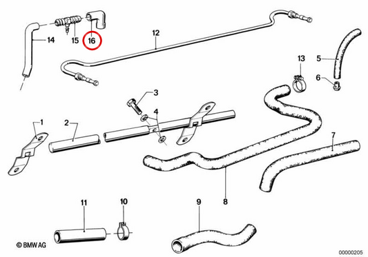 Tubo de ventilación del motor OEM 11151272794 para BMW E21 323i (modelos con motor M20, manual y automático, 1978-1982). Original BMW.