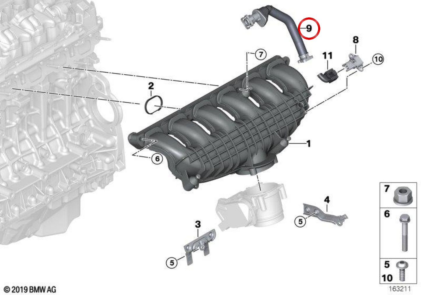 OEM 11157553949 Tube Carter pour BMW E82, E88, E90, E91, E92, E93, E60, E61, E89. BMW d'origine.