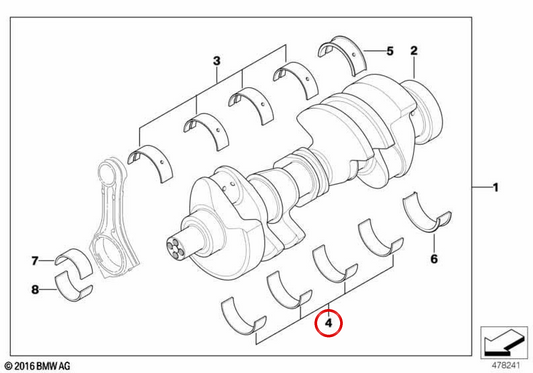 Cojinete de bancada violeta OEM 11212248818 para BMW E38, E65. Original BMW.