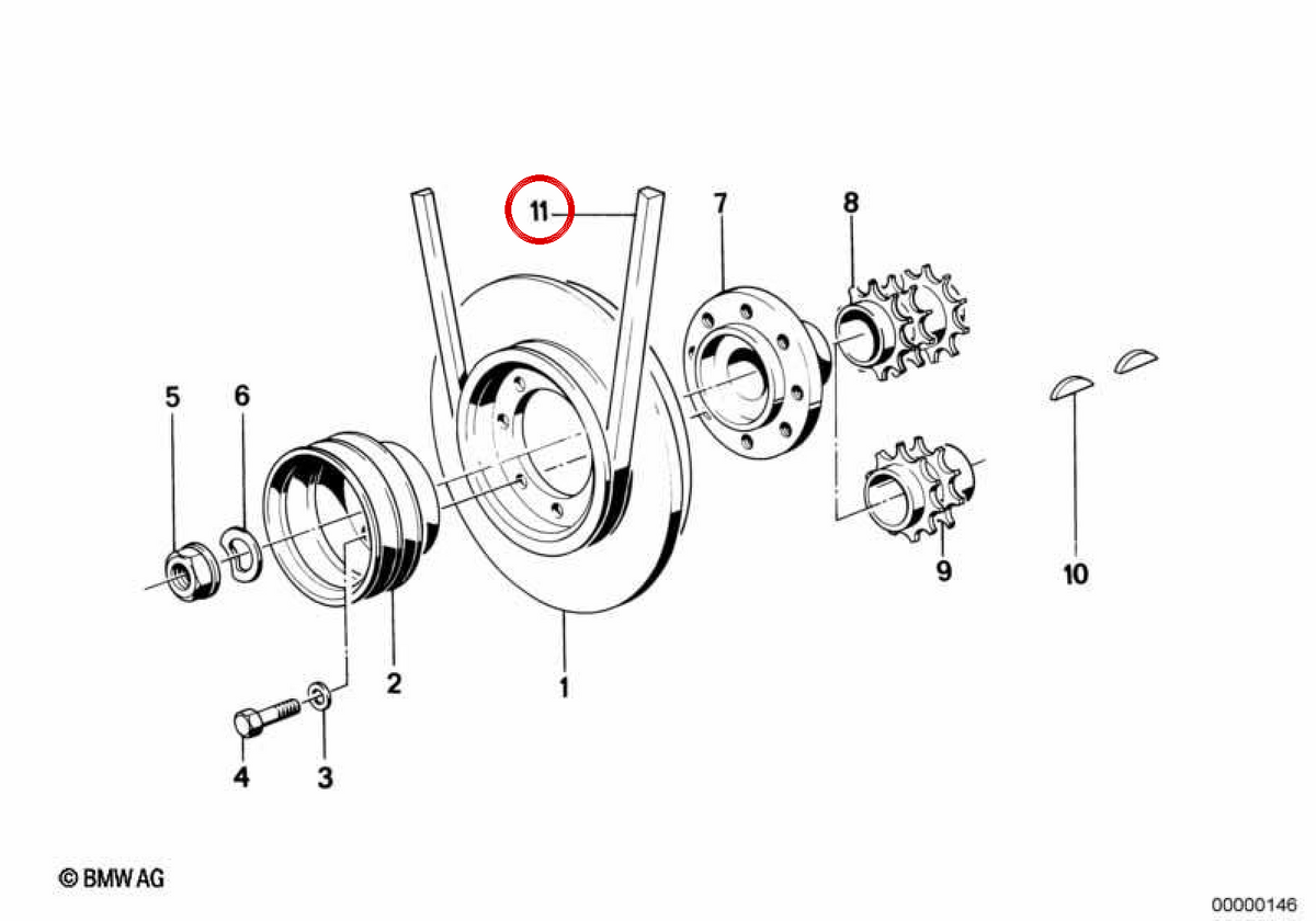 Correa trapezoidal OEM 11231711090 para BMW E30, E12, E28, E34, E24, E23, E32. Original BMW.