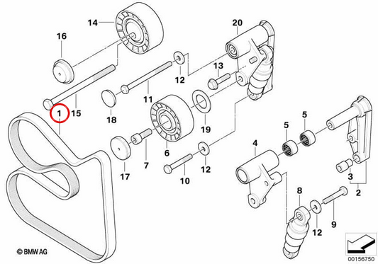 Ceinture accessoire (Keilrippenriemen) OEM 11281738991 pour BMW E34, E36, E38, E39, E46, E53, X5. BMW d'origine.