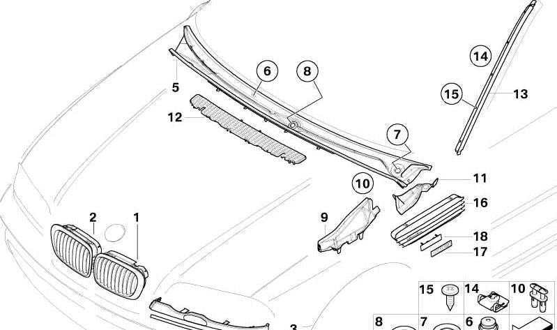 Rejilla de adorno derecho OEM 51137064316 para BMW Serie 3 E46 (316Ci, 318Ci) y más. Original BMW.