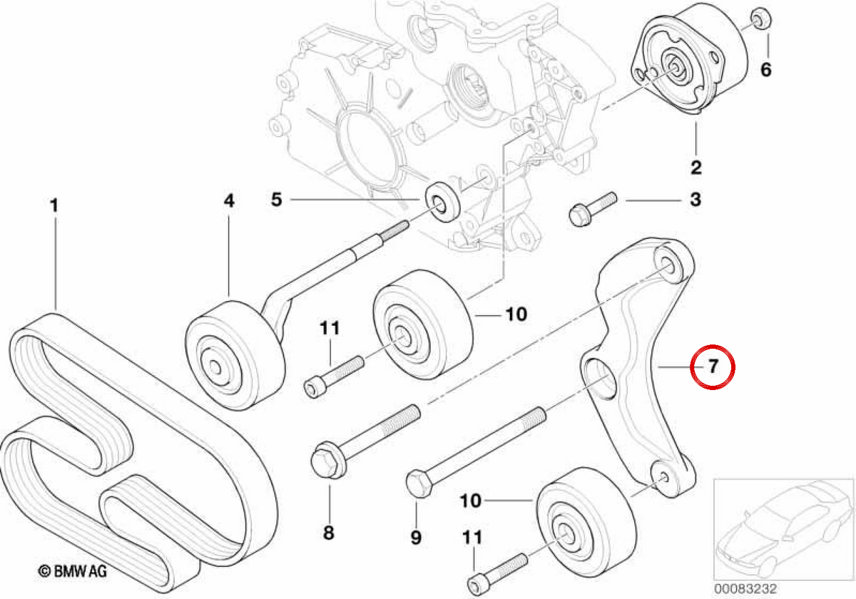 OEM Correa -Spannerunterstützung 1128248561 für BMW E46, E39, E38, E53. Original BMW.