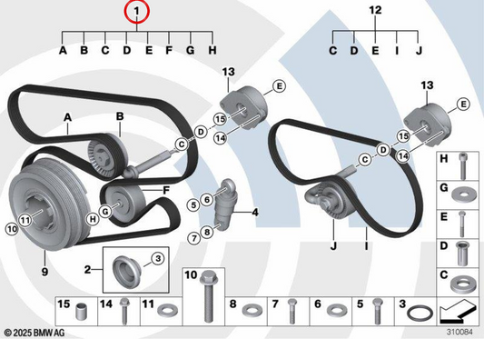OM Accessori e pulegge Correa 11282339073 per BMW E46, E39. Include cinghia, pulegge e viti per alternatore e pompa dell'acqua. BMW originale.