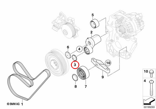 Tapa protectora polea tensora OEM 11287802640 para BMW E81, E82, E87, E88, E90, E91, E92, E93, E60, E61, F07, F10, F11, F01, F02, E84, E83, E70, E71. Original BMW.