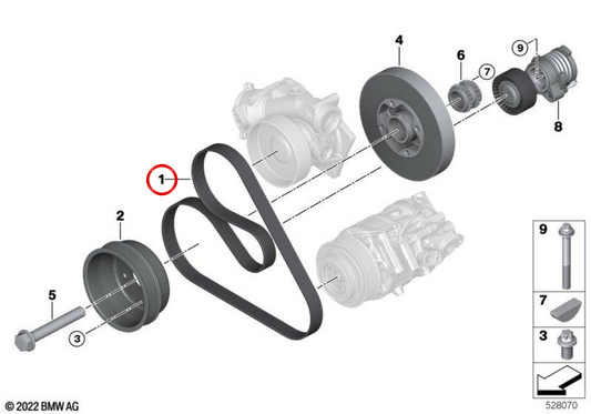Correia auxiliar (Keilrippenriemen) OEM 11289846087 para BMW G70, G05, F95, G06, F96, G07. BMW genuíno.