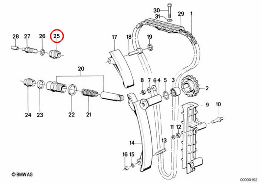 Boccola filettata distribuzione OEM 11311310752 per BMW 320is E30 e M3 E30, M3 E36. Originale BMW