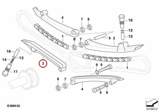 Riel tensor direito da corrente de distribuição OEM 11311341296 para motos BMW R 1200 GS, R 1200 RT, R 1150 GS, R 1100 RS, R 850 RT... e mais. Original BMW Motorrad.