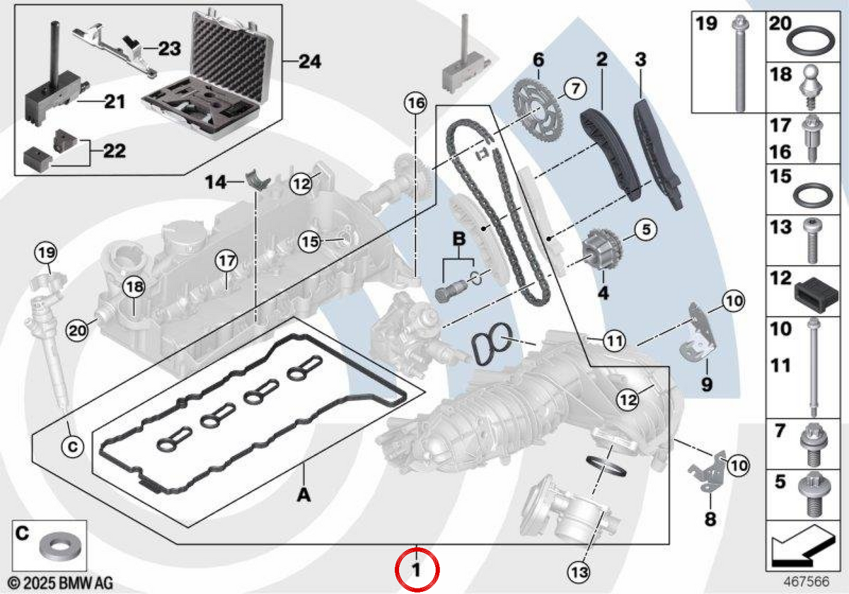 Kit a catena aperta superiore per BMW E81, E82, E87N, E88, E90, E90N, E91, E91N, E92, E93, E60N, E61N, X1 E84, X3 E83N (OEM 11312365578). BMW originale