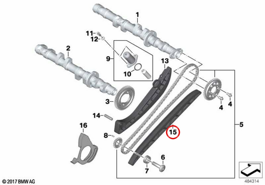 Via de deslizamento da corrente de distribuição OEM 11317675400 para motos BMW K1200S, K1300S, K1200R, K1300R, K1200GT, K1300GT. Original BMW Motorrad.
