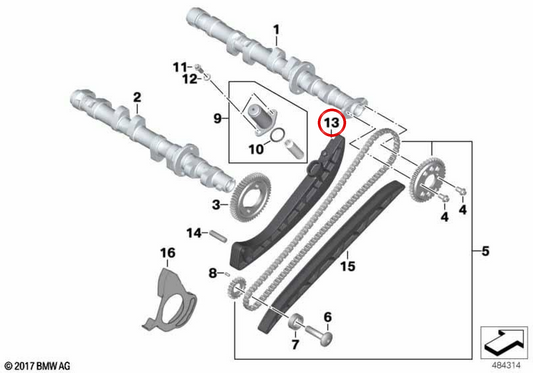Riel tensor (guia) de corrente de distribuição OEM 11317699888 para motos BMW K1200S, K1300S, K1200R, K1300R, K1200GT, K1300GT. Original BMW Motorrad.