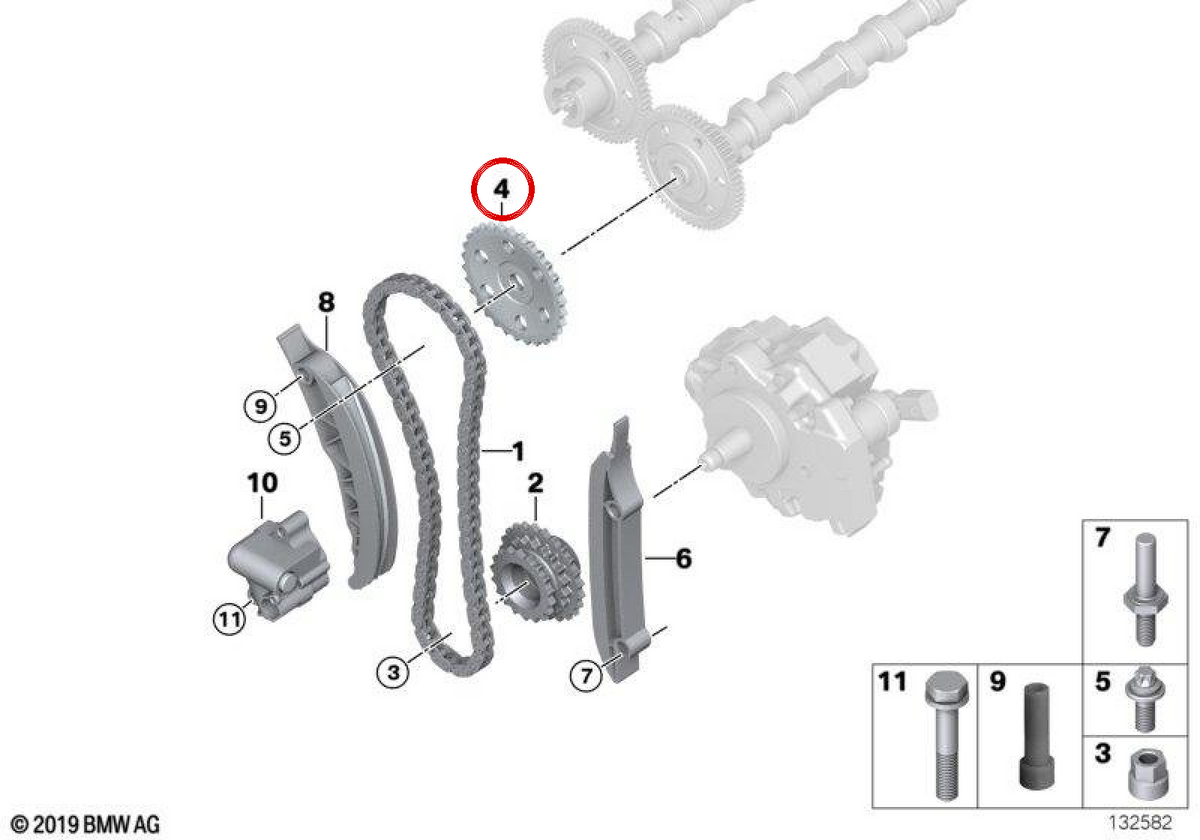 Piñón árbol de levas OEM 11317790599 para BMW E87, E90, E91, E92, E93, E60, E61, E63, E64, E65, E66, E83, E70, E71. Original BMW.