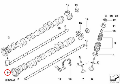 Árbol de levas de admisión OEM 11317835041 para BMW E46, E39, E53, E85, E86. Original BMW.