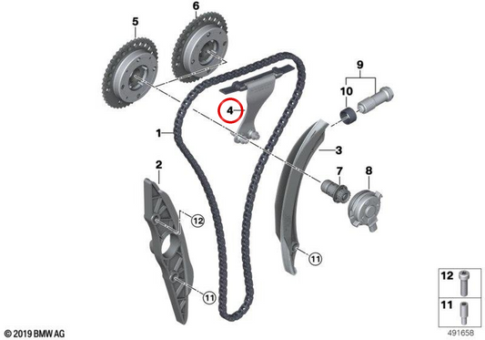 Guia de corrente de distribuição OEM 11318053401 para BMW G87, G20, G21, G80, G81, G26, G82, G83, F97, F98. BMW genuíno.