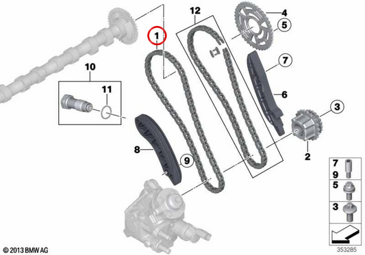 OEM -Verteilungskette 11318475185 für BMW F10, F11, G30, G31, F01, F02, G11, G12, E70, F15, G05, E71, F16, G06, G07. Original BMW.