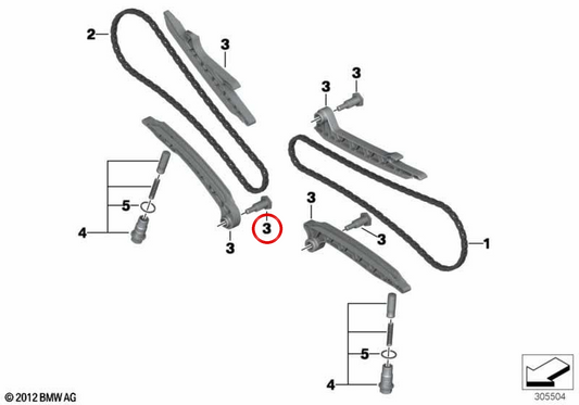 Set guide catena di distribuzione OEM 11318542061 per motociclette BMW R1200GS, R1250GS, R1200RT, R1250RT, R1200R, R1250R. BMW Motorrad originale.