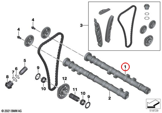 Árvore de cames de admissão OEM 11318543400 para motos BMW S 1000 R K47 e S 1000 XR K49. Original BMW Motorrad