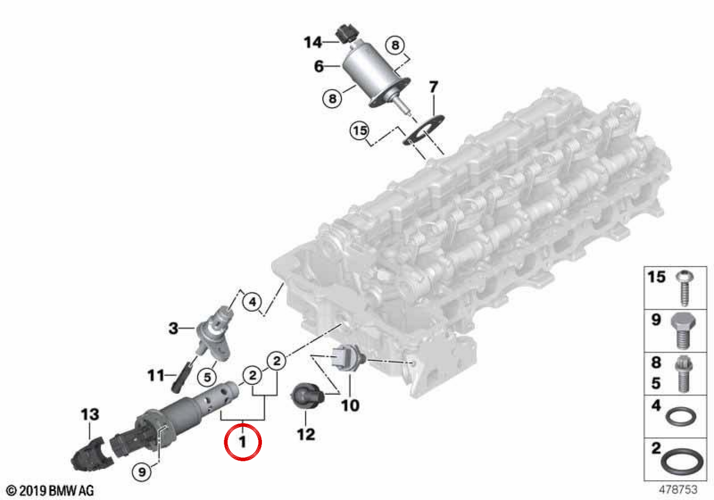 Válvula solenóide (VANOS) OEM 11367585425 para BMW E81, E82, E87, E88, E90, E91, E92, E93, E60, E61, F10, F11, F18, E63, E64, E65, E66, F01, F02, E84, E83, F25, E70, E71, E85, E86, E89. BMW genuíno.