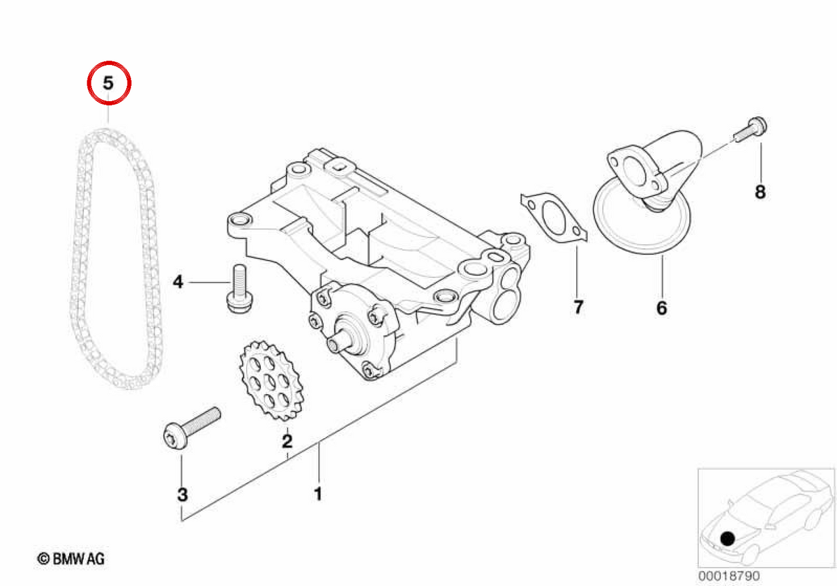 Catena della pompa della pompa OM 11412249745 per BMW E46, E90, E91, E92, E93, E39, E60, E61, E63, E64, E38, E65, E66, E83, E53, E70, E71. BMW originale.