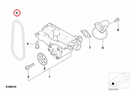 Catena della pompa della pompa OM 11412249745 per BMW E46, E90, E91, E92, E93, E39, E60, E61, E63, E64, E38, E65, E66, E83, E53, E70, E71. BMW originale.