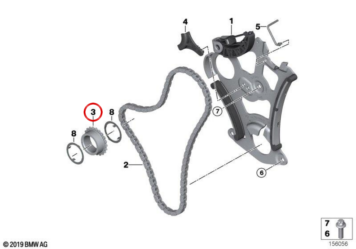 Roda dentada de corrente OEM 11417552899 para BMW E81, E82, E87, E88, E90, E91, E92, E93, E60, E61, F10, F11, F18, E63, E64, E65, E66, F01, F02, E84, E83, F25, E70, E85, E86, E89. BMW genuíno.