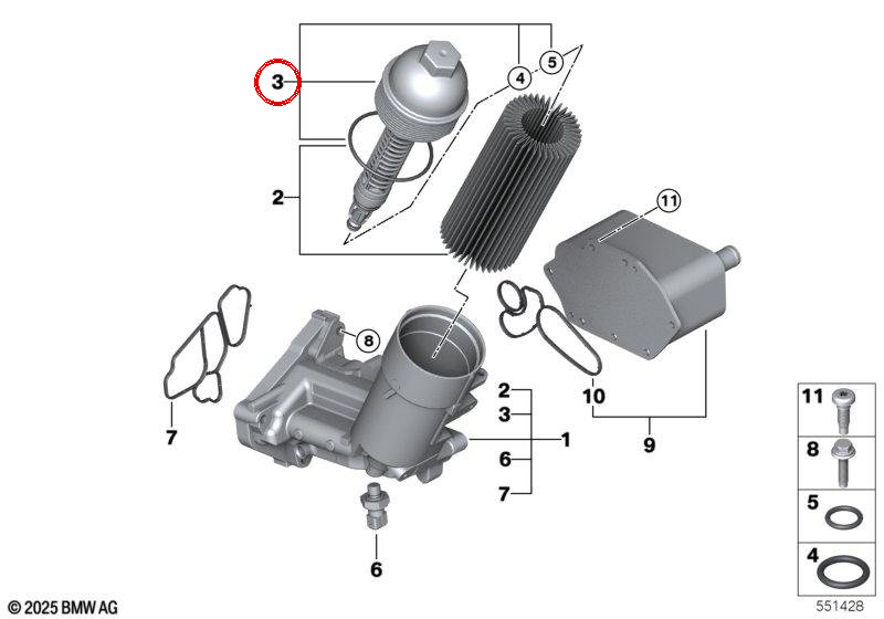Tapa del filtro de aceite OEM 11422247379 para BMW E46 330d, E39 530d, E38 730d, X5 E53 3.0d… y más. Original BMW.