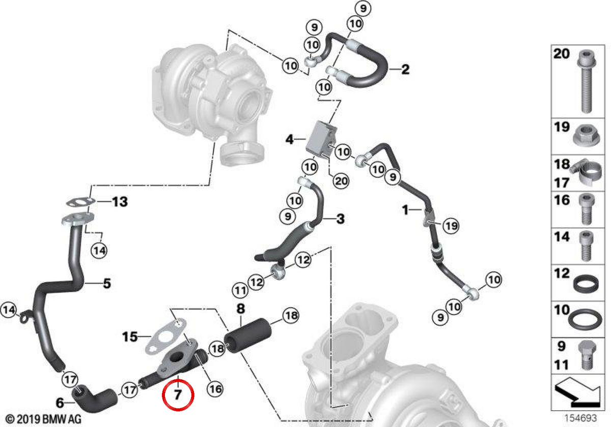 OM Pipe de retour d'huile 11427795975 pour BMW E90, E91, E92, E60, E61, E63, E64, E83, E70, E71. BMW d'origine.