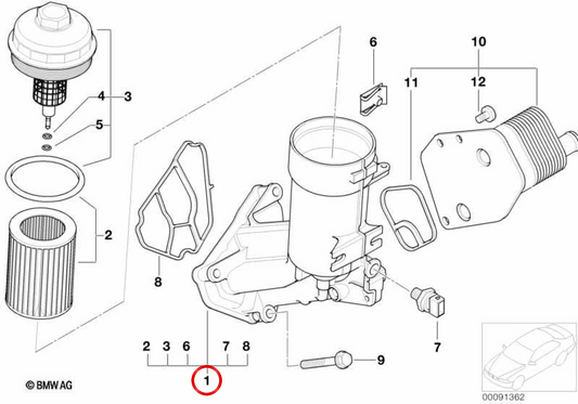 Filtro de óleo com conexão de refrigerador de óleo OEM 11427805407 para BMW E87, E46, E90, E91, E60, E61, E83. BMW genuíno.