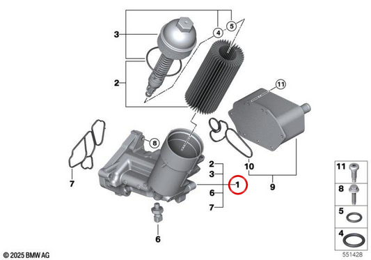 Ölfilter mit OEM -Ölkühler 11427805408 für BMW E46, E90, E91, E92, E93, E60, E61, E63, E64, E65, E66, E83, E53, E70, E71. Original BMW.