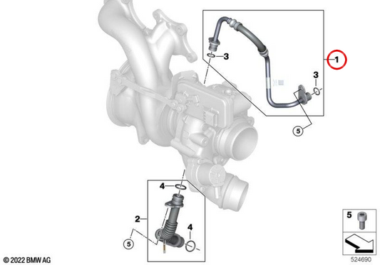 Tubo di alimentazione dell'olio OEM 11428489593 per BMW G20, G21, G22, G23, G26, G60, G70, G45, G05, G18, G06, G07, G09. BMW originale.