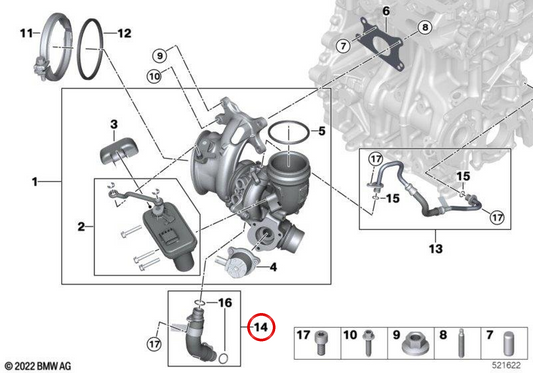 Pipe de retour d'huile OEM 11428489614 pour BMW F70, U06, U11, U10, F65, F66, U25. BMW d'origine.