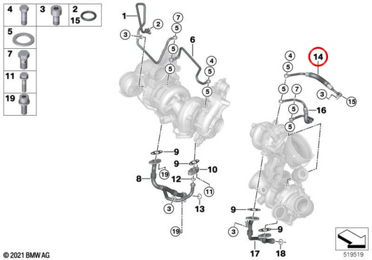 Tubería de aceite de baja presión OEM 11428575126 para BMW G30, G31, G11, G12, G05, G06, G07. Original BMW.