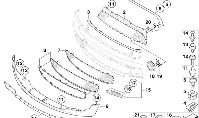 Rejilla decorativa inferior OEM 51112755465 para MINI R56, R56 LCI, Clubman R55, Clubman R55 LCI, Cabrio R57, Cabrio R57 LCI. Original MINI.