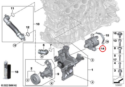 Bomba adicional de refrigerante OEM 11515A30246 para BMW G87, G20, G21, G80, G81, G26, G82, G83, G30, G31, G38, G11, G12, G01, G08, F97, F98, G05. Original BMW.