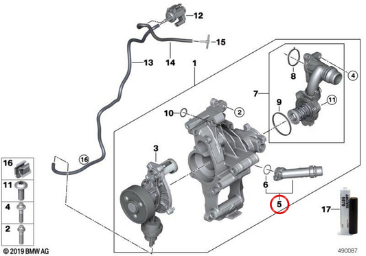Racor de tubería de refrigerante OEM 11518474929 para BMW G42, G20, G21, G28, G22, G23, G26, G30, G31, G32, G01, G02, G05. Original BMW.