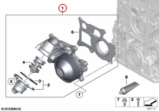 OEM Water Pump 11518478476 for BMW F20, F21, F22, F23, F30, F31, F34, F32, F33, F36, F10, F11, G30, G31, G11, G12, F25, G01, F26, G02. Genuine BMW.