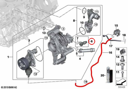 Conector de refrigerante OEM 11518479263 para BMW G42, G20, G21, G22, G23, G26, G30, G31, G32, G01, G02. Original BMW.