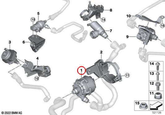 Pompa dell'acqua aggiuntiva 11519455035 per BMW G60, G70, G05, G09. BMW originale.