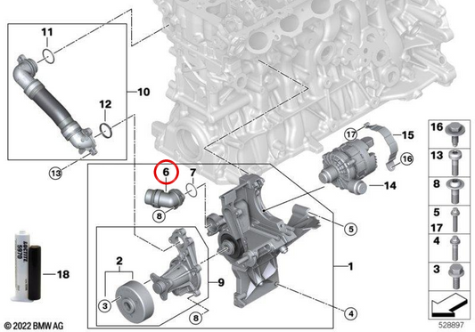 Conector de sistema de refrigeración OEM 11519489804 para BMW G30, G11, G12, G05. Original BMW.