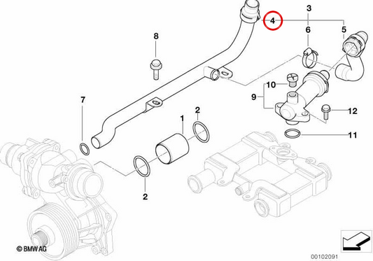 Tubo de retorno OEM 11532249261 para sistema de refrigeración BMW Serie 7 E38 (740d) con motor M67, producción 1999-2001. Original BMW.