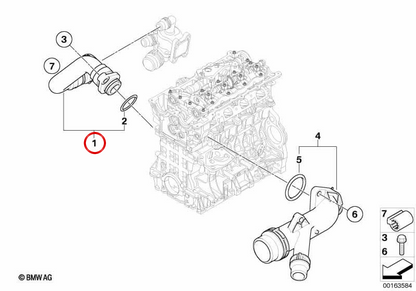 Tubo del refrigerante OEM 11537572158 per BMW E81, E87, E87N, E88, E46, E90, E90N, E91, E91N, E83, E83N. BMW originale.