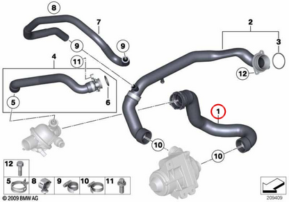 Manguera de refrigerante OEM 11537584543 para BMW E70, E71. Original BMW.