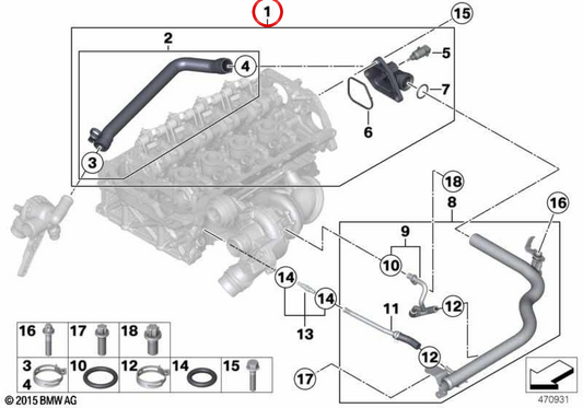 Salida de refrigerante OEM 11537600586 para BMW F20, F21, F30, F31, F35. Original BMW.