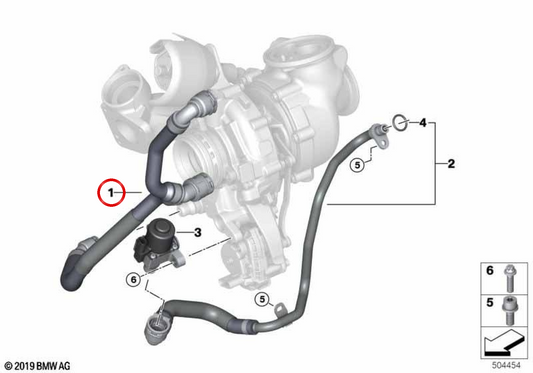 OEM cooling pump pipe 11538473705 for BMW G05, G06, G07, G14, G15, G16, G20, G21, G29, G30, G31, G38, G42, G80, IX3. Original BMW.