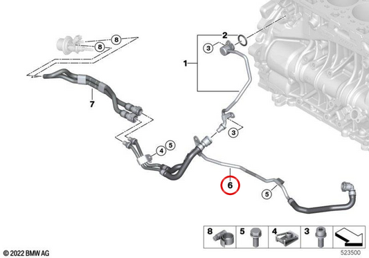 Tubo di refrigerante per dosaggio della pompa OEM 11538473963 per BMW F20, F21, F22, F23, F30, F31, F34, F32, F33, F36. BMW originale.